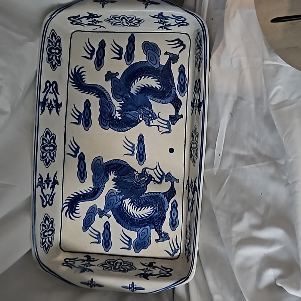 CHINESE BLUE & WHITE PORCELAIN CHINOISERIE RECTANGULAR DISH BOWL DRAGONS